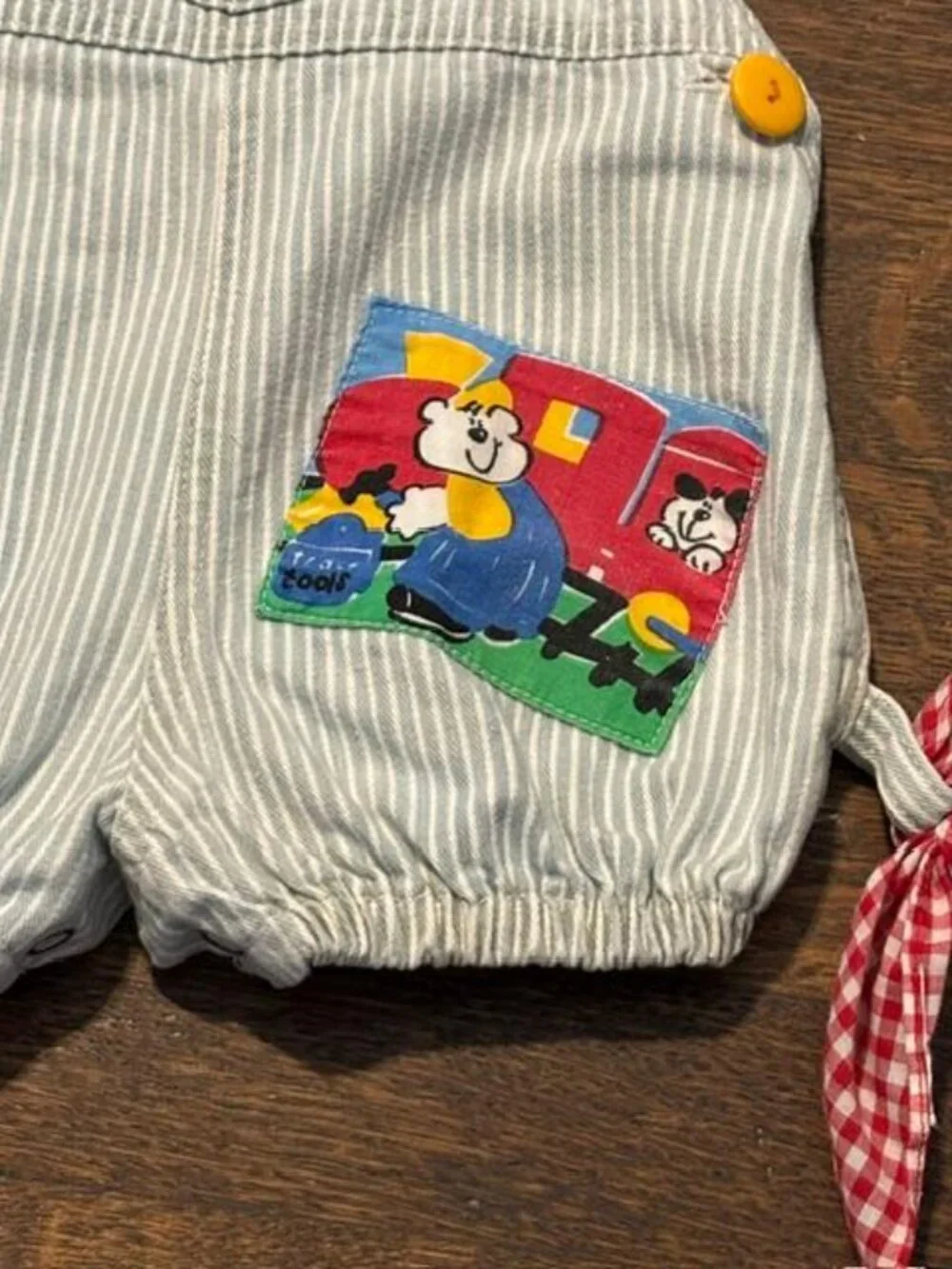 Vtg Hopscotch Mad USA Bubble Romper Pinstripe Train Railroad Primary Colors 6-9m